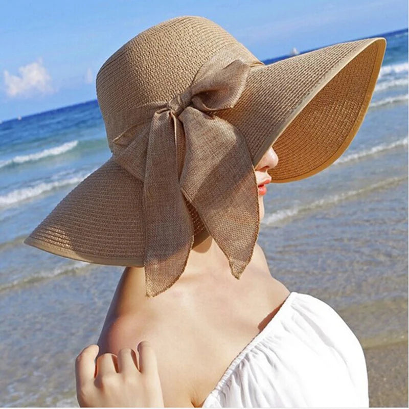 Bow-Trim Floppy Straw Sun Hat