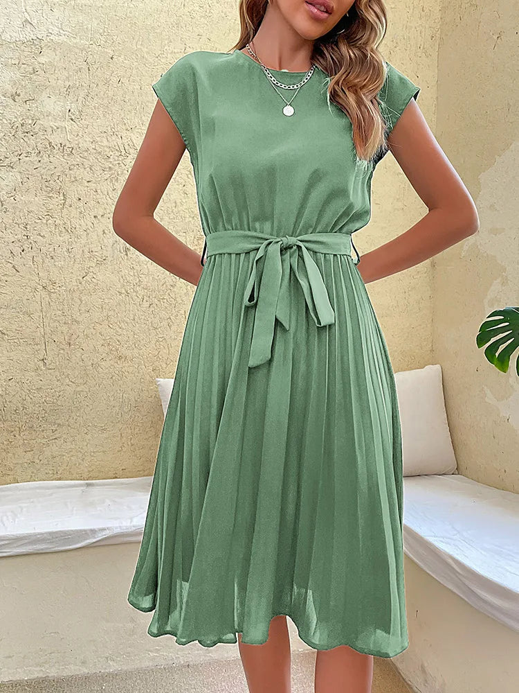 Pleated Short-Sleeve Midi Dress