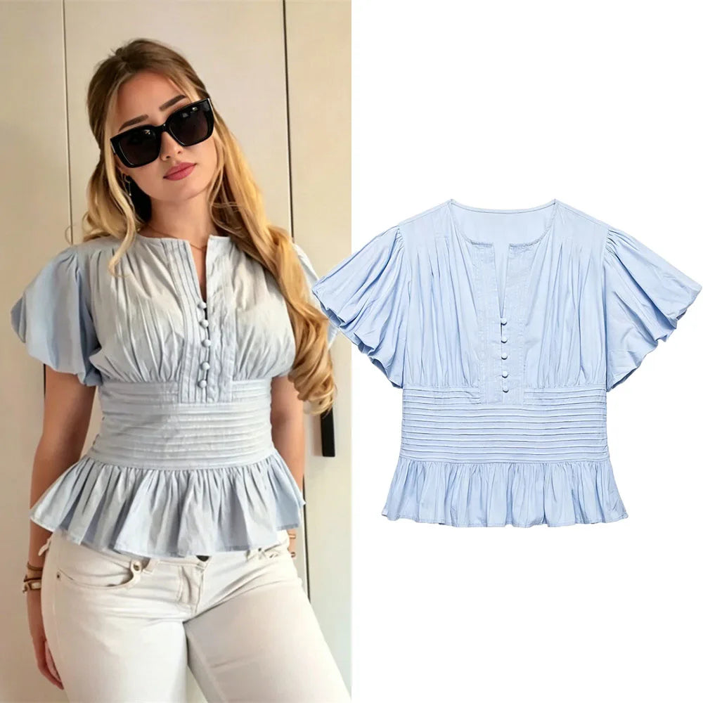 Chiffon Ruffle Puff-Sleeve Blouse