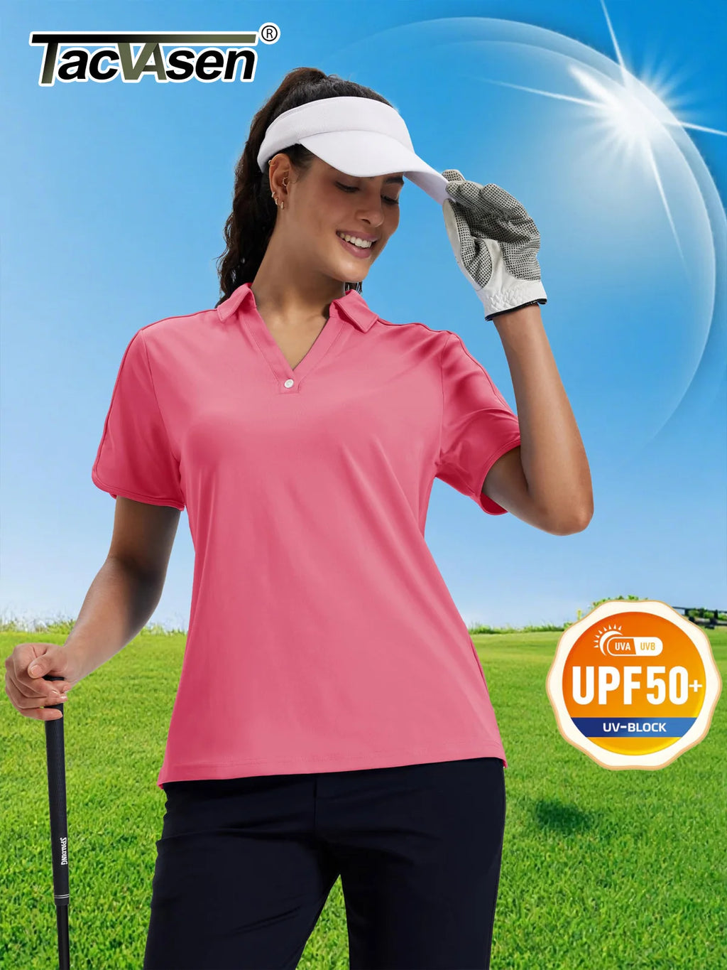 TACVASEN Women's 1-Button Golf Polo Shirts V Neck Short Sleeve Tennis Tops Moisture Wicking Quick Dry Athletic Collared Shirt