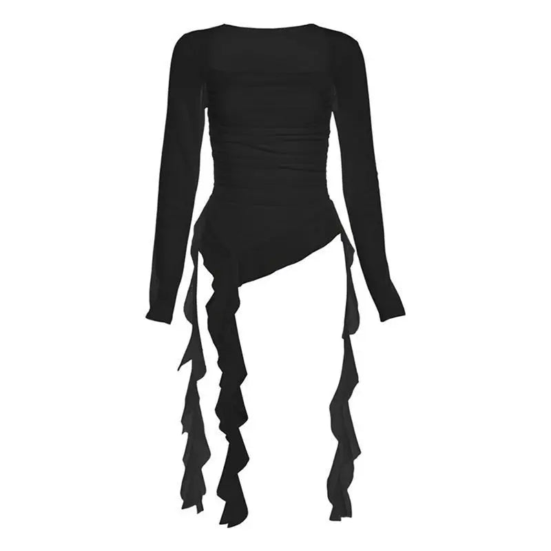 Mesh Ruffle Long-Sleeve Crop T-Shirt