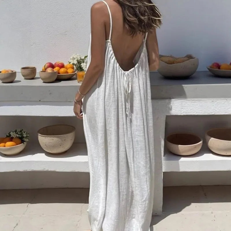 Aurelia Sun Relaxed Spaghetti-Strap Summer Dress – Beige