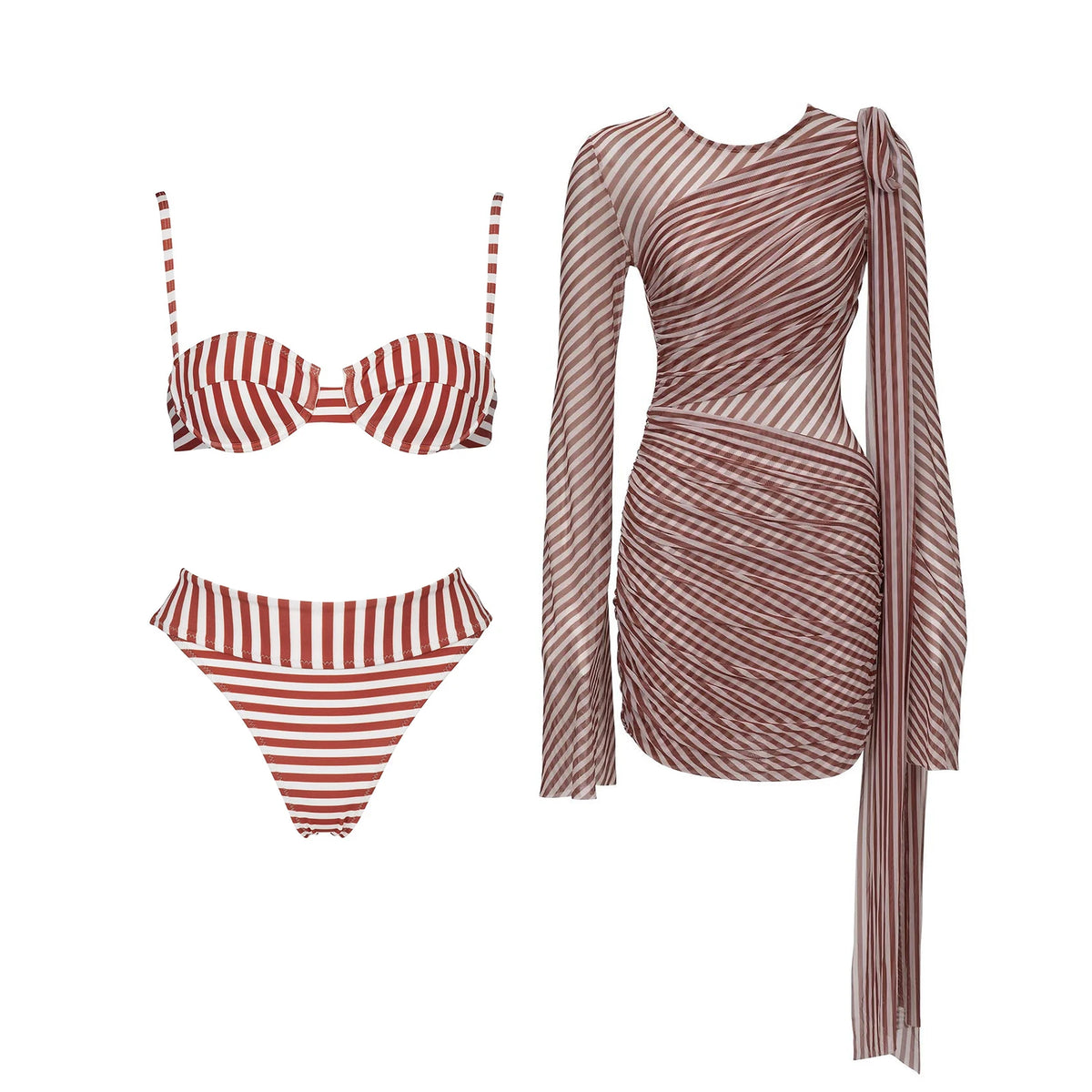 Striped Three-Piece Bandeau Bikini Set