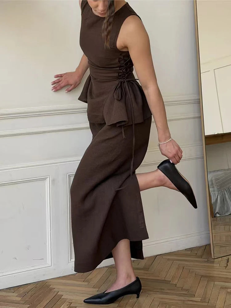 Lace-Up Linen Vest & Skirt Set