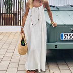Aurelia Sun Relaxed Spaghetti-Strap Summer Dress – Beige