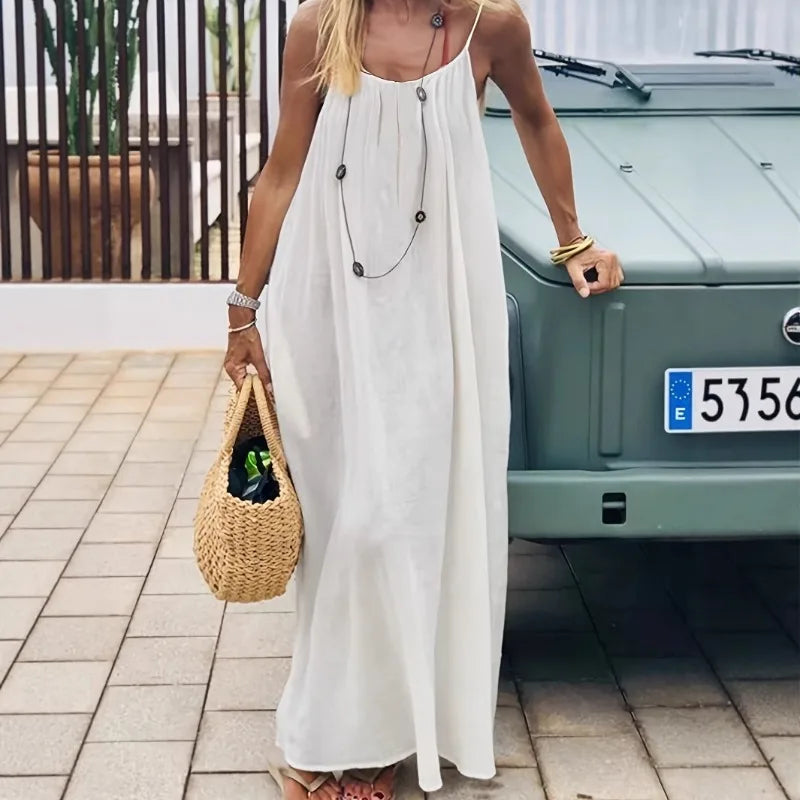 Aurelia Sun Relaxed Spaghetti-Strap Summer Dress – Beige