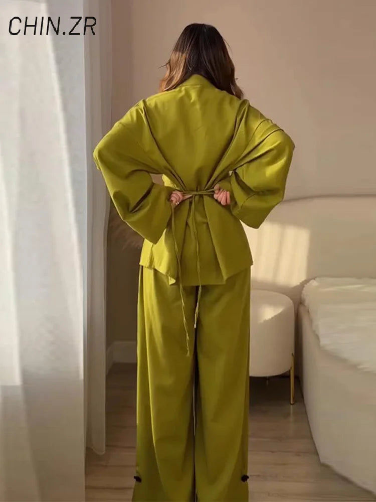 Mandarin Collar Shirt & Wide-Leg Pants Set