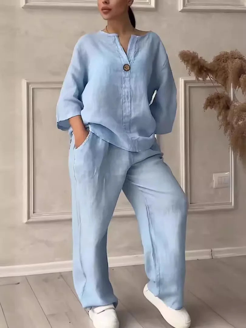 Cotton-Linen Shirt & Wide-Leg Pants Set