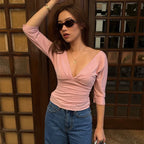 Split-Hem V-Neck Long-Sleeve Top