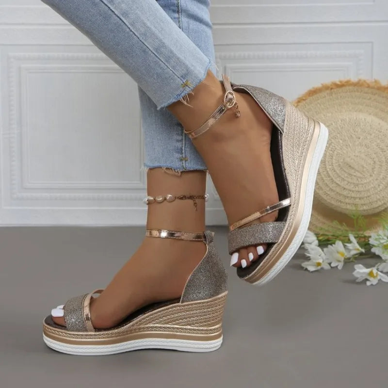Metallic Platform Wedge Sandals