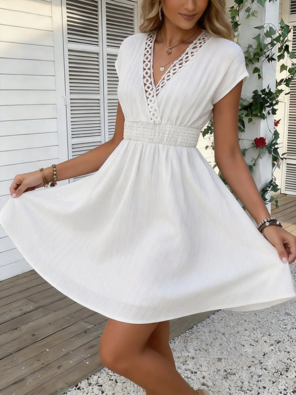Lace V-Neck Puff-Sleeve Mini Dress