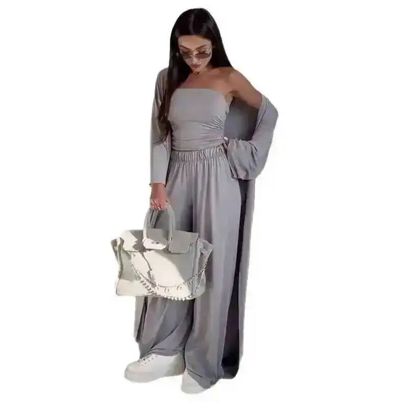 Three-Piece Cardigan & Wide-Leg Pants Set