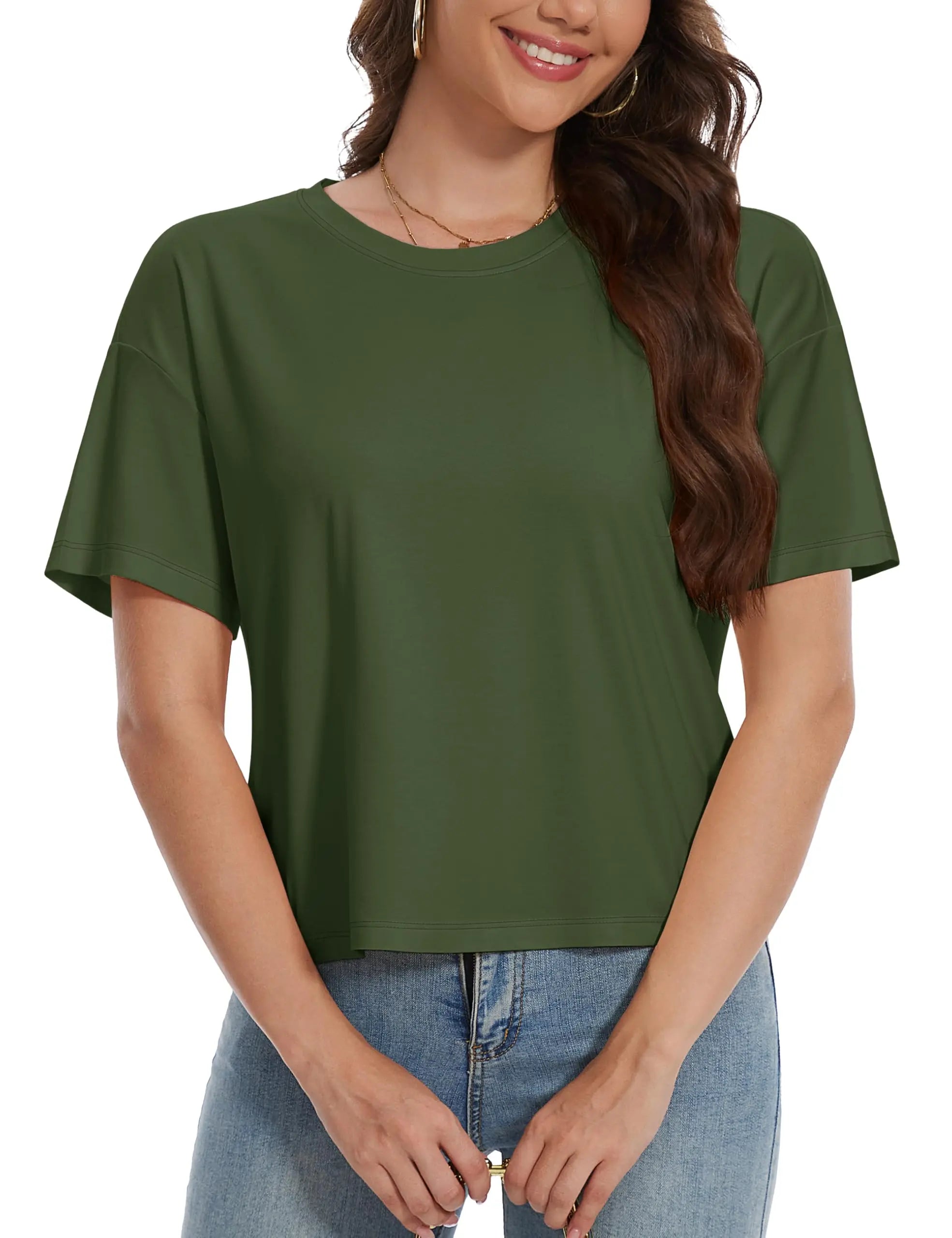 TACVASEN UPF 50+ Cropped Cotton T-Shirts Womens Summer Short Sleeve Casual Crew Neck Tops Breathable Sun UV Block Outdoor Tees