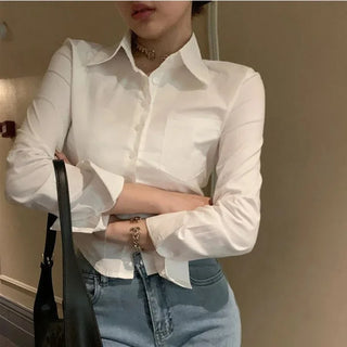 Chiffon Button-Up Long-Sleeve Cropped Blouse