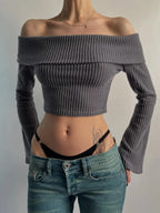 Off-Shoulder Flare-Sleeve Crop Top