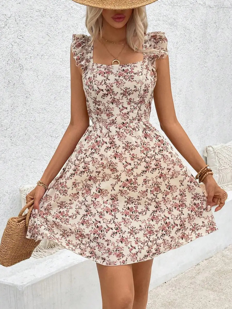 Ruffle-Hem Floral Beach Dress