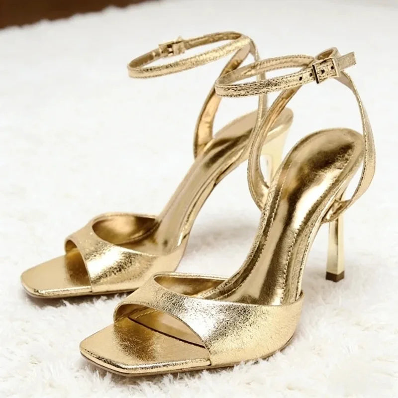 Patent-Look Ankle-Strap Heeled Sandals