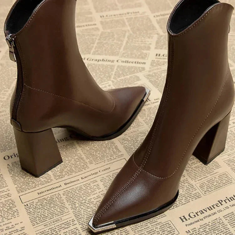Pointed-Toe Chrome-Tip Ankle Boots