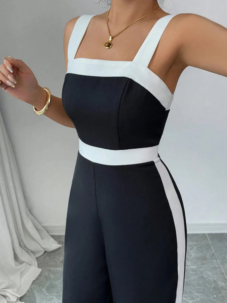 Contrast-Trim Square-Neck Jumpsuit