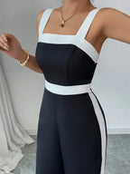 Contrast-Trim Square-Neck Jumpsuit
