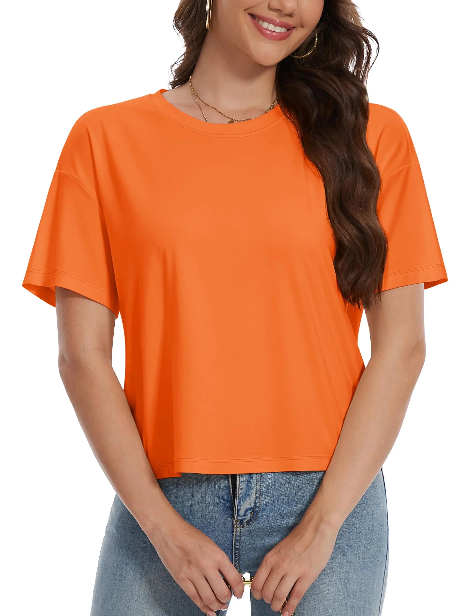 TACVASEN UPF 50+ Cropped Cotton T-Shirts Womens Summer Short Sleeve Casual Crew Neck Tops Breathable Sun UV Block Outdoor Tees
