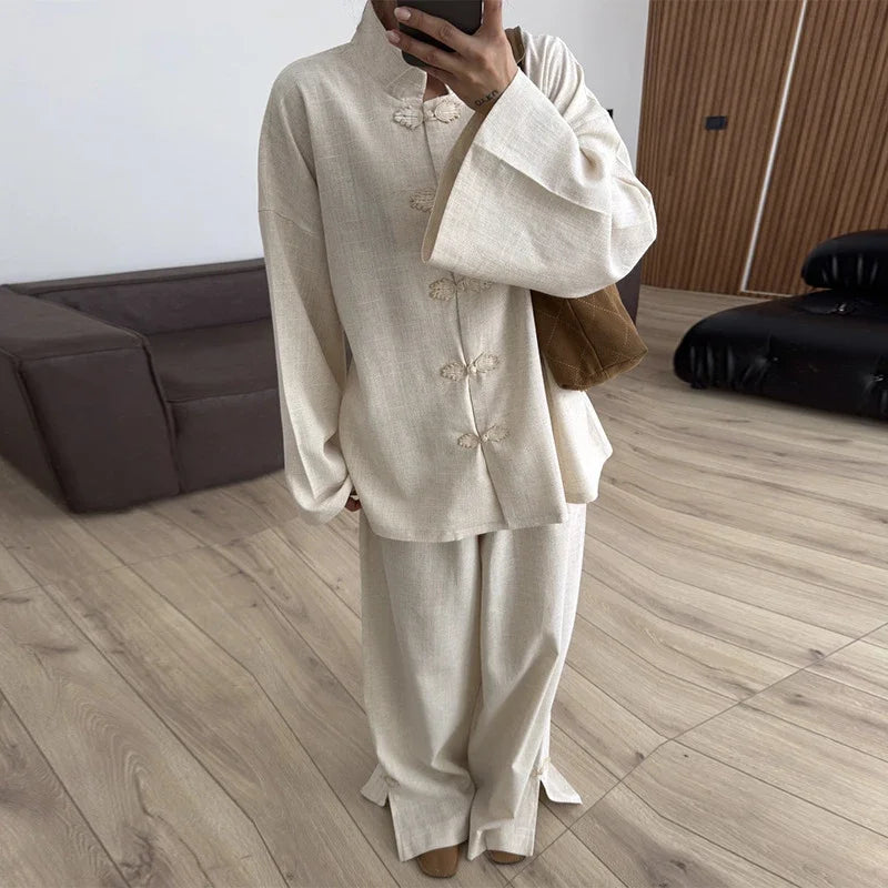 Mandarin Collar Shirt & Wide-Leg Pants Set