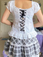 Lace Corset-Seam Button-Up T-Shirt