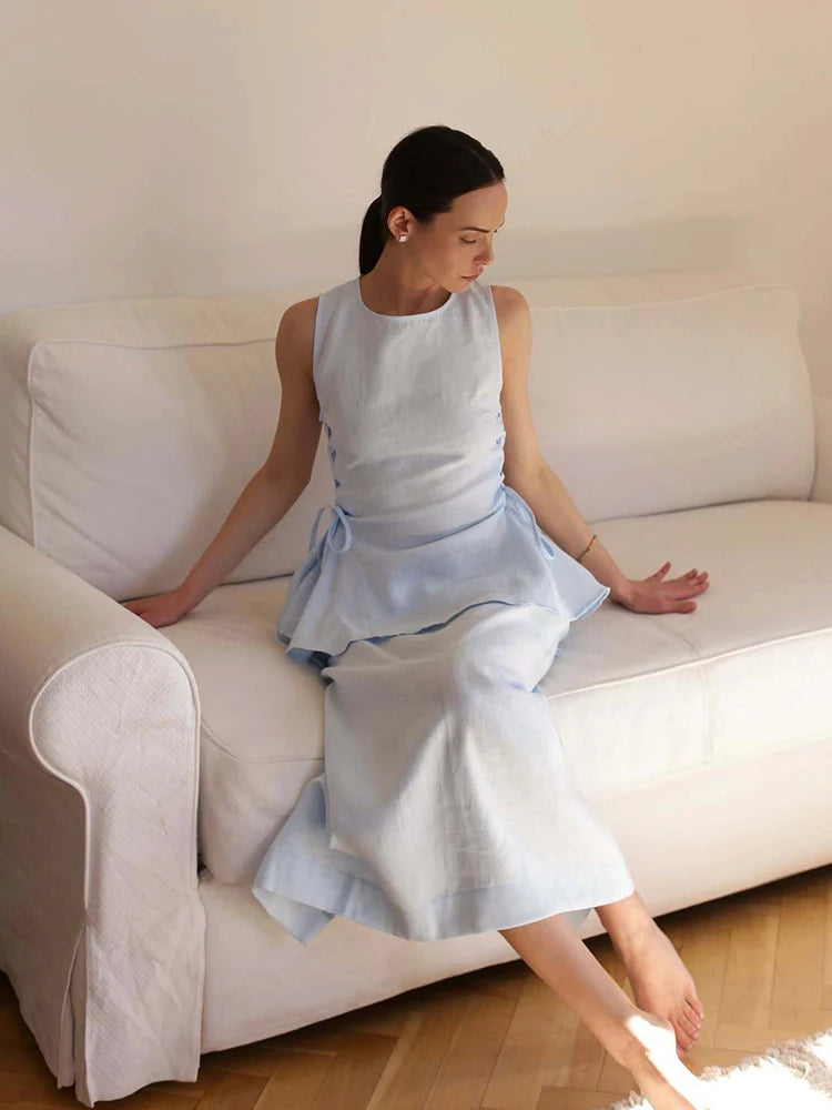 Lace-Up Linen Vest & Skirt Set