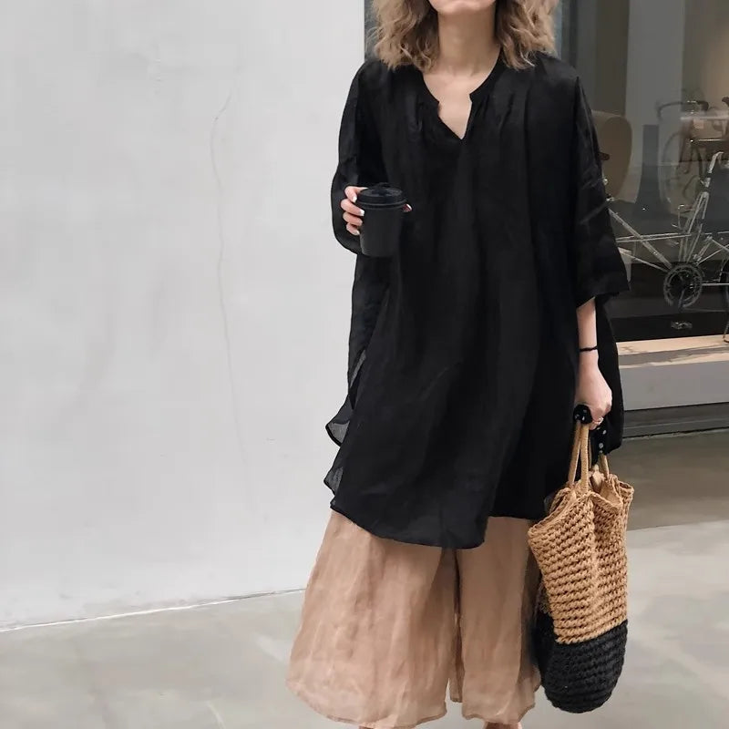 Cotton-Linen Long-Sleeve Relaxed Blouse