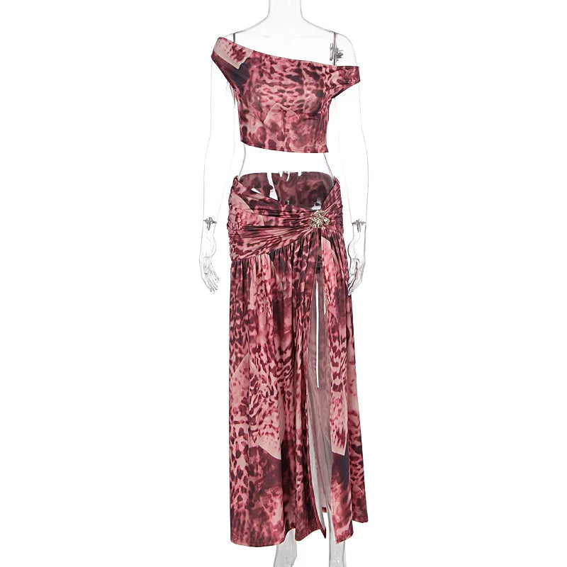 Printed Halter Top & Ruched Midi Skirt Set