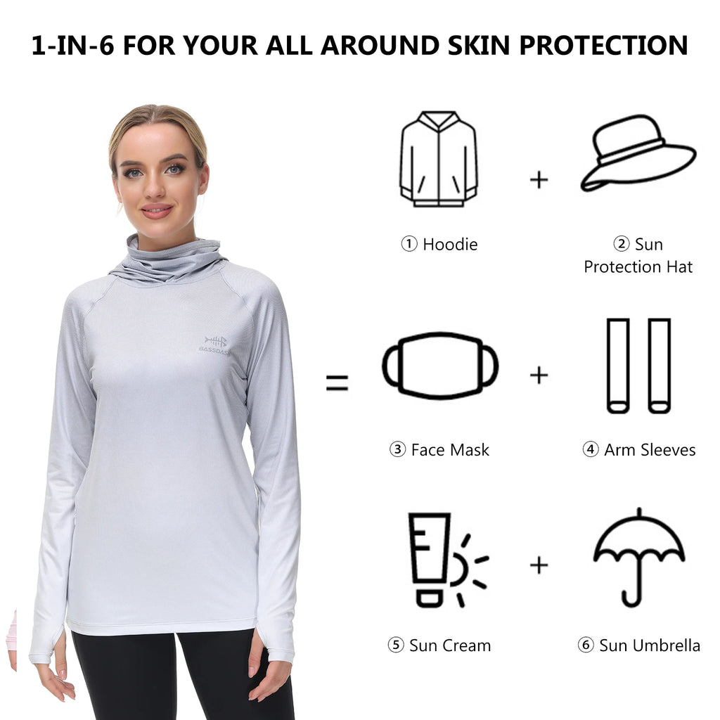 Bassdash FS23W Women's UPF 50+ Fishing Hoodie Shirt With Face Mask Thumb Holes