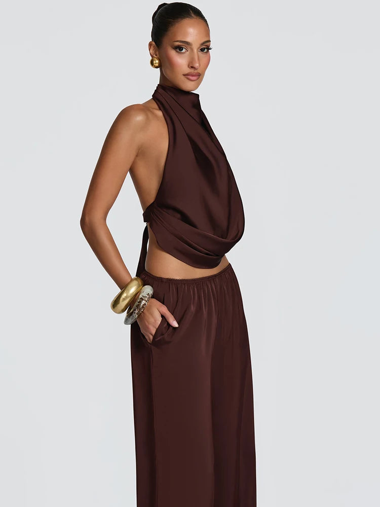 Leopard Halter Top & Wide-Leg Pants Set