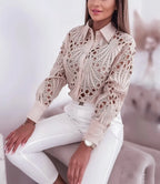 Button-Up Long-Sleeve Cut-Out Blouse