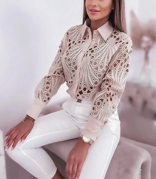 Button-Up Long-Sleeve Cut-Out Blouse