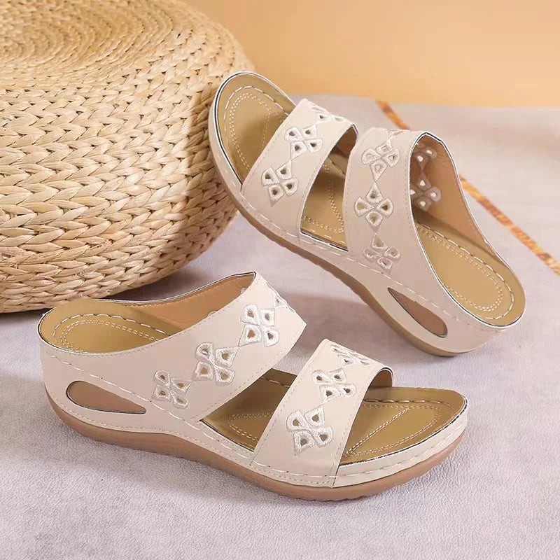 Embroidered Floral Wedge Slides