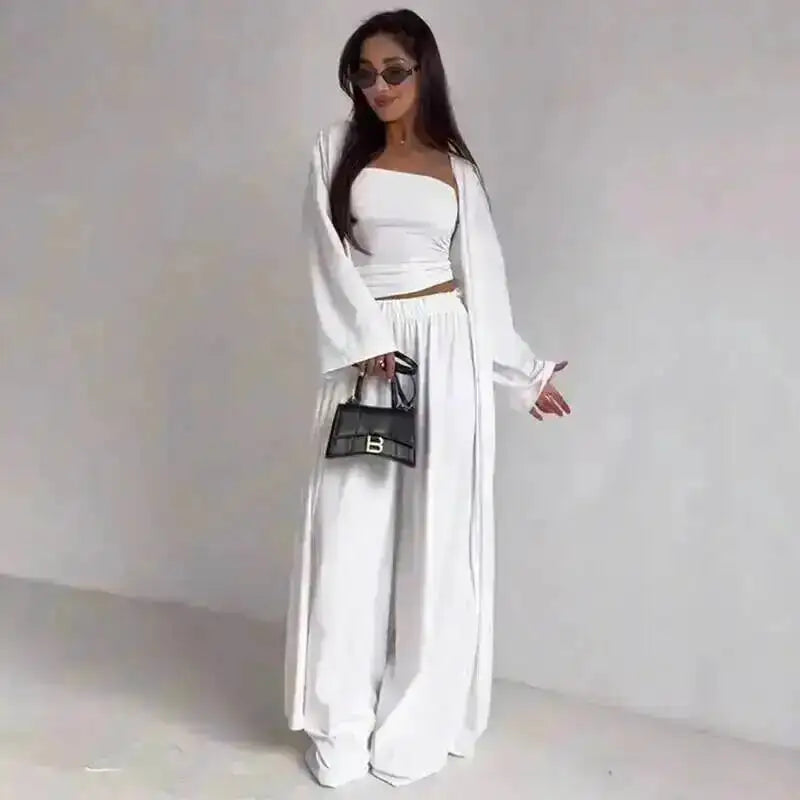 Three-Piece Cardigan & Wide-Leg Pants Set