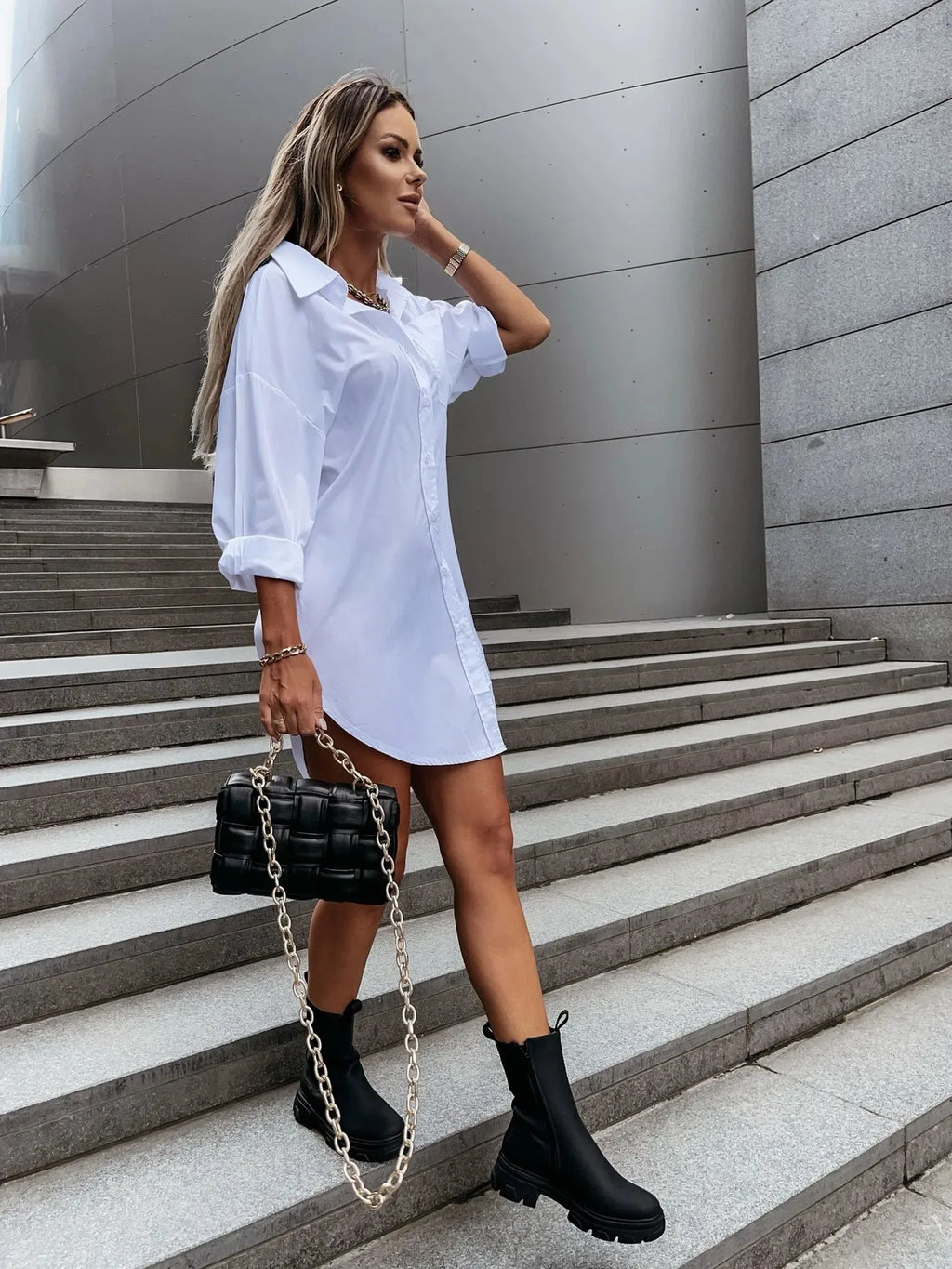 Long-Sleeve Button-Up Shirt Dress