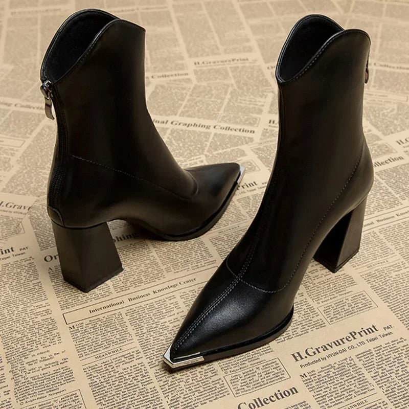 Pointed-Toe Chrome-Tip Ankle Boots
