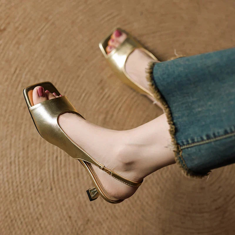 Leather Square-Toe Slingback Heels