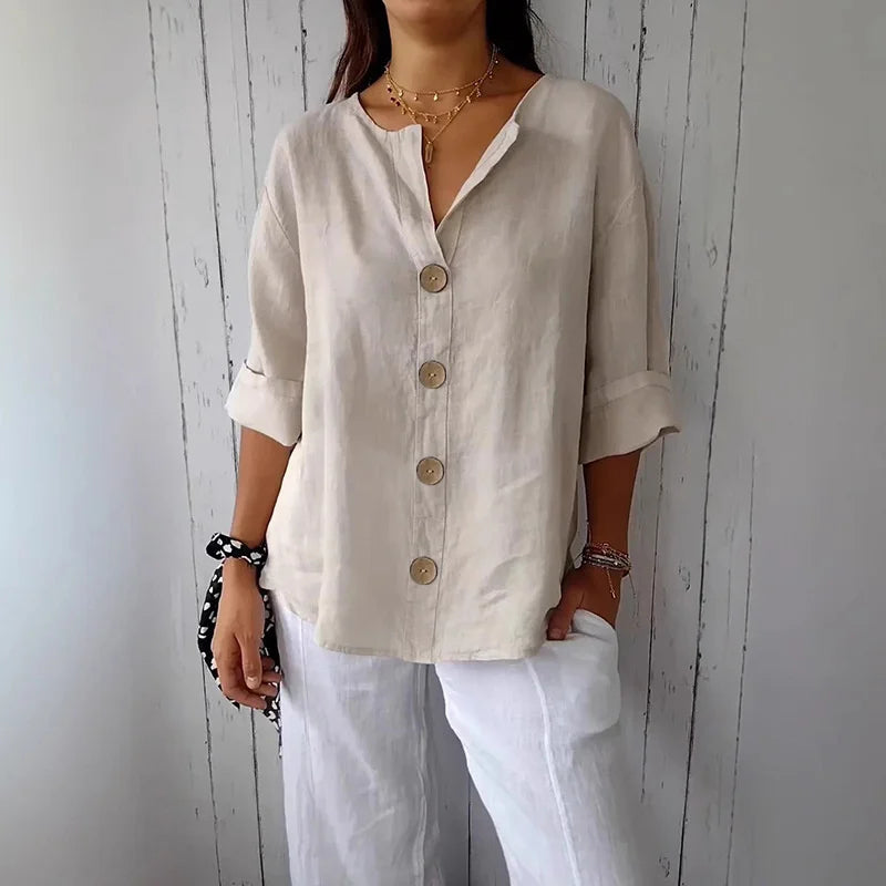 Cotton-Linen Button-Up V-Neck Blouse