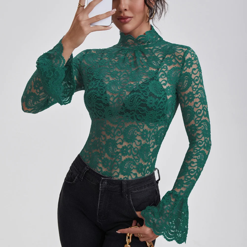 Sienna Lace High-Neck Long-Sleeve Blouse