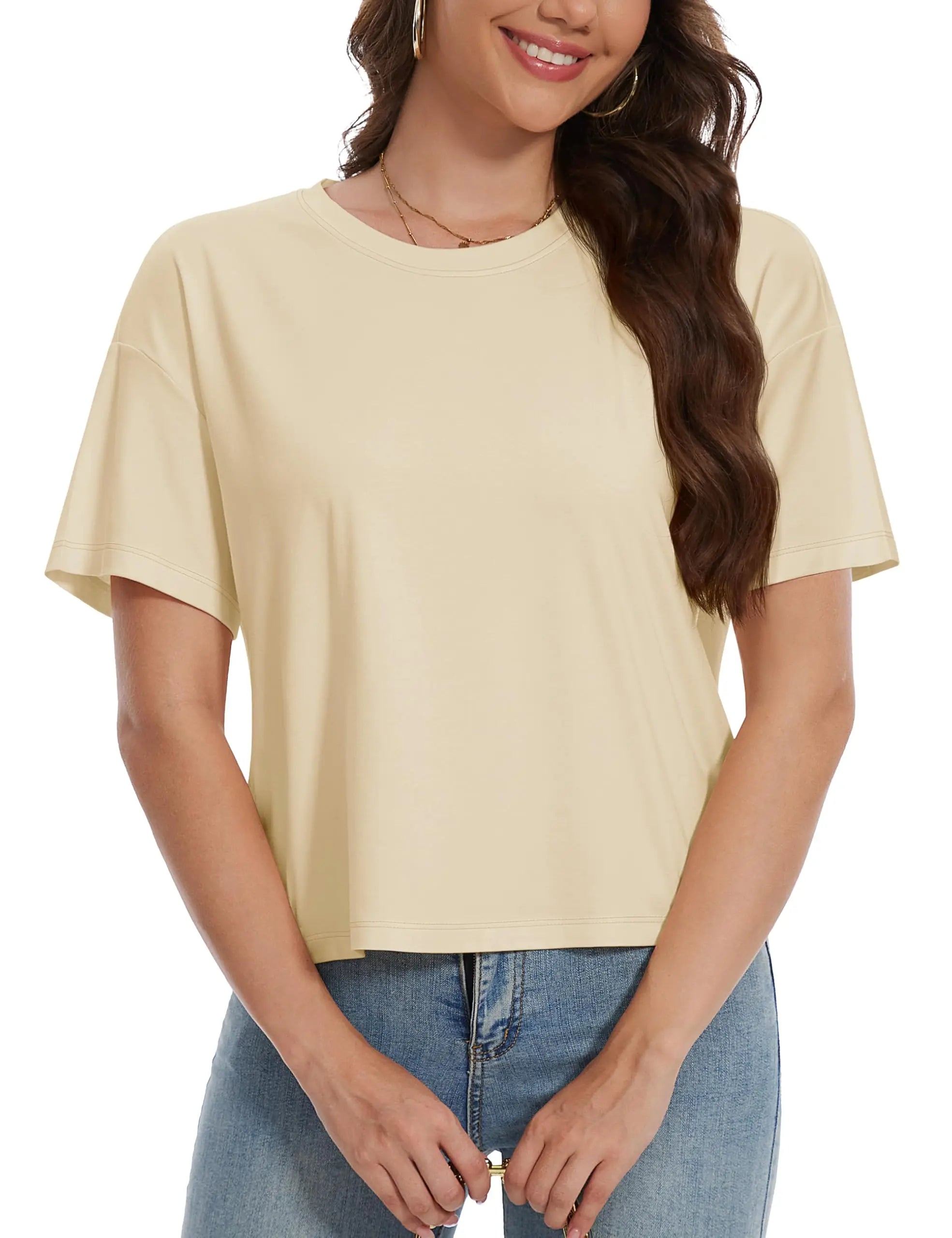 TACVASEN UPF 50+ Cropped Cotton T-Shirts Womens Summer Short Sleeve Casual Crew Neck Tops Breathable Sun UV Block Outdoor Tees