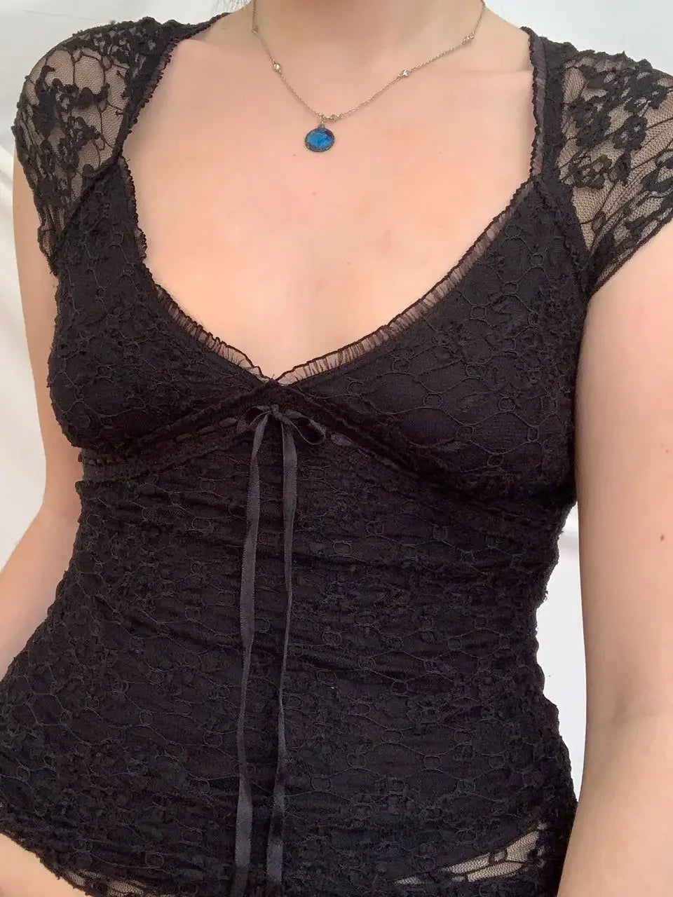 Lace Corset-Seam Button-Up T-Shirt