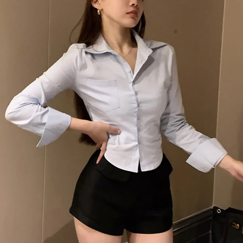 Chiffon Button-Up Long-Sleeve Cropped Blouse