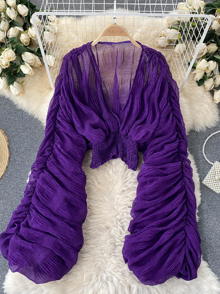 Chiffon Draped V-Neck Cropped Blouse
