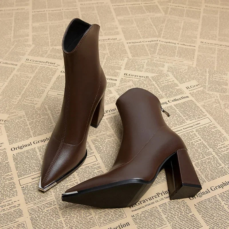 Pointed-Toe Chrome-Tip Ankle Boots