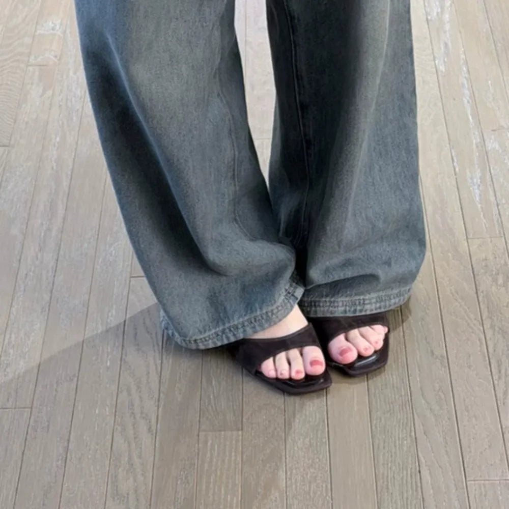 Square-Toe Kitten-Heel Slides