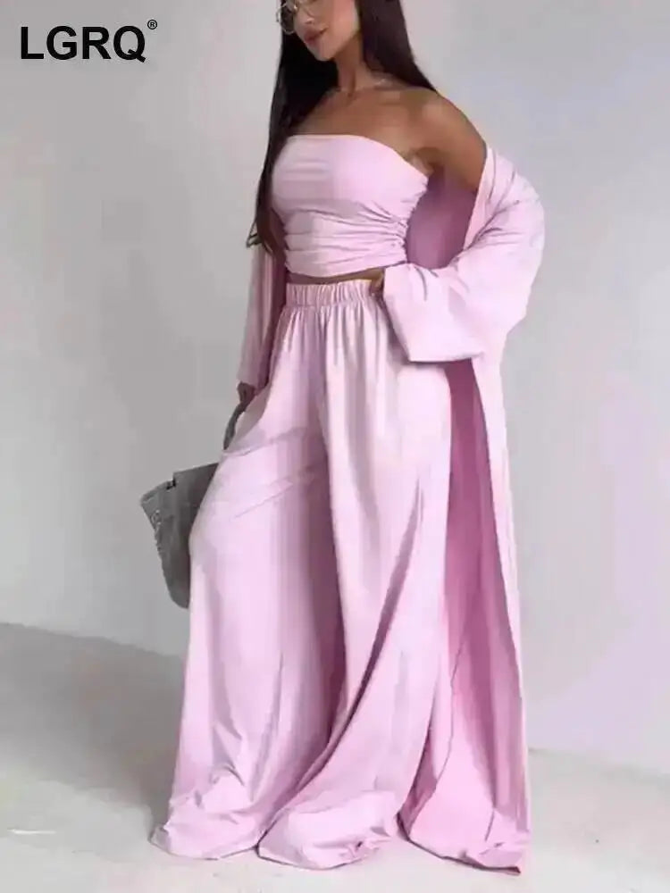 Three-Piece Cardigan & Wide-Leg Pants Set