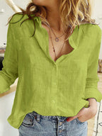 Cotton-Linen Button-Up Long-Sleeve Blouse