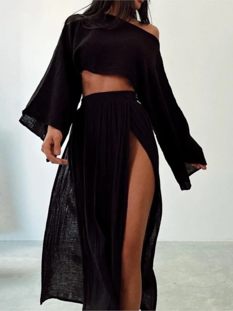 Linen Crop Top & Split Skirt Set
